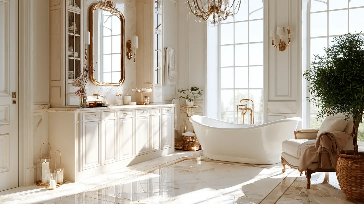 Luxurious bathroom with freestanding bathtub, marble floor, and large window with natural light
