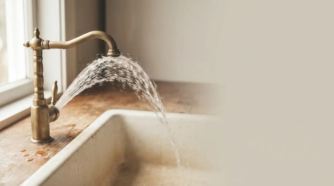 Brass kitchen faucet with water flowing into white sink in natural light