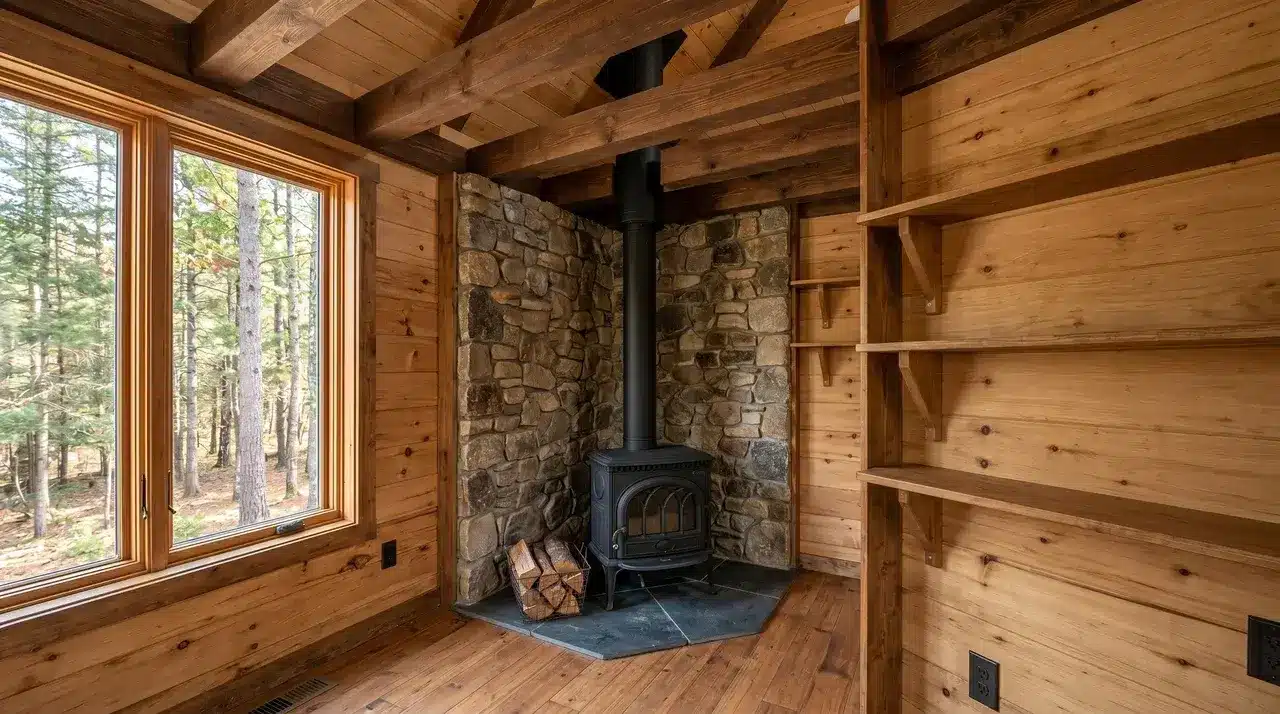 Tiny home interior with exposed wood ceiling beams, stone accent wall, and a wood-burning stove with vertical flue pipe