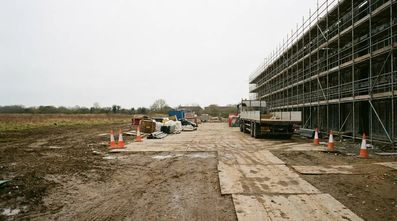 Construction site with scaffolding, flatbed truck, and equipment on a cloudy day