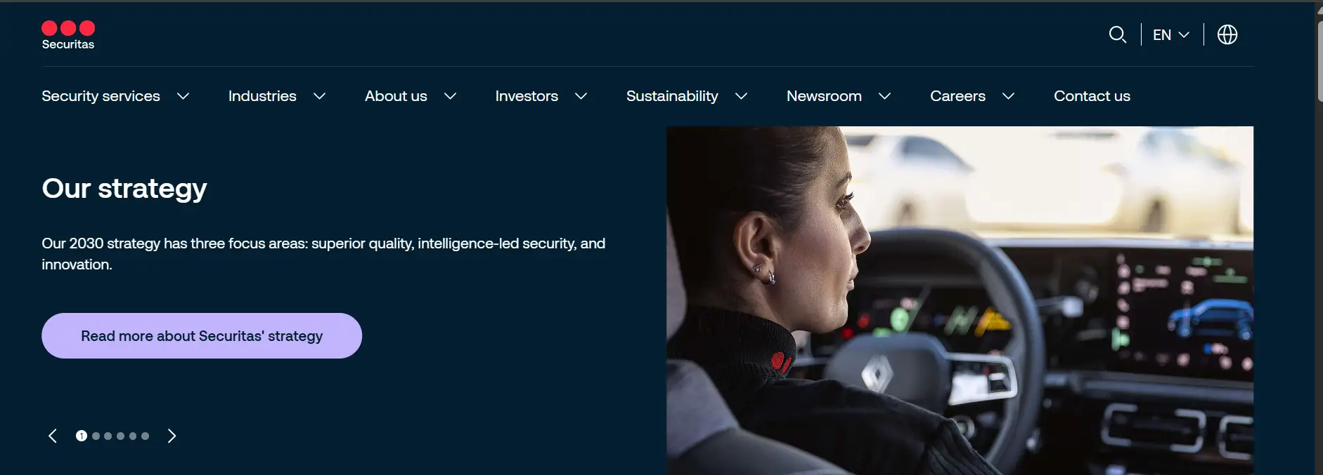 Woman driving a car, focused expression, digital dashboard, bright outdoor setting