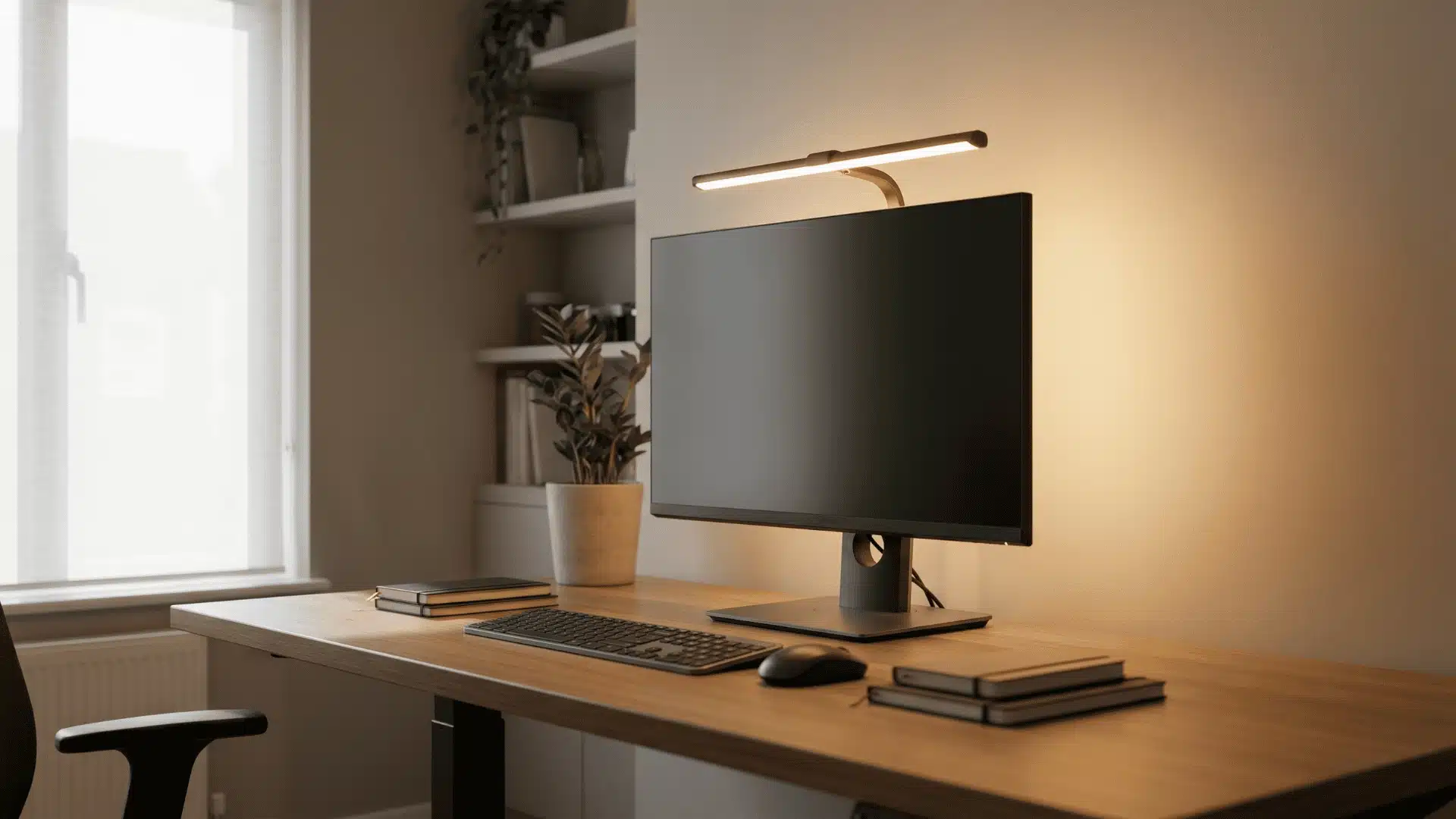 Desk with monitor and warm lamp behind screen for balanced lighting