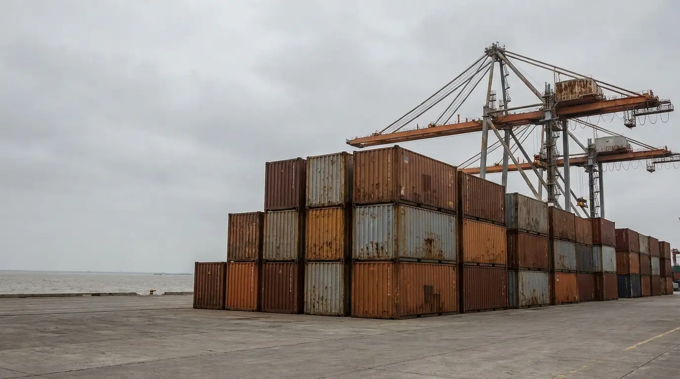 Stacks of shipping containers at port with large cranes under overcast sky