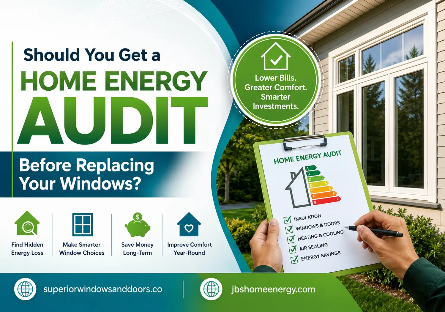 Person holding energy audit checklist next to house with white siding and large windows
