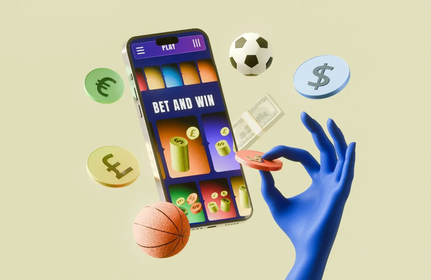 Smartphone displaying betting app with floating currency symbols and sports balls in pastel background