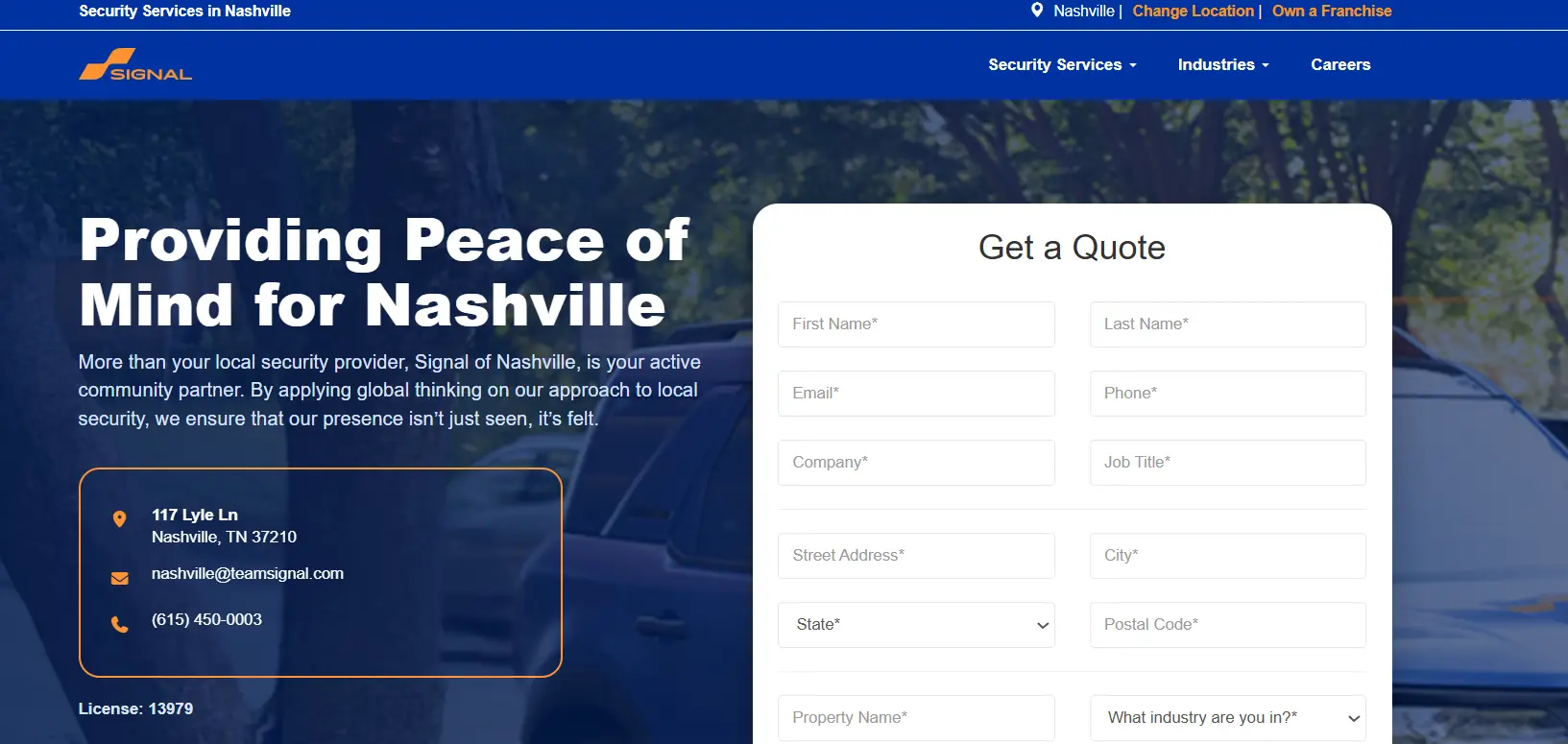 Contact form on website with company details and quote request fields in overlay design