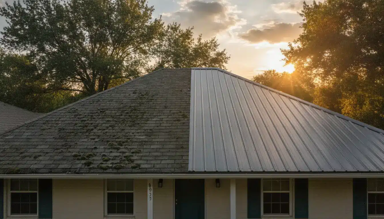 Half-shingle, half-metal roof on house with sunset and trees in background
