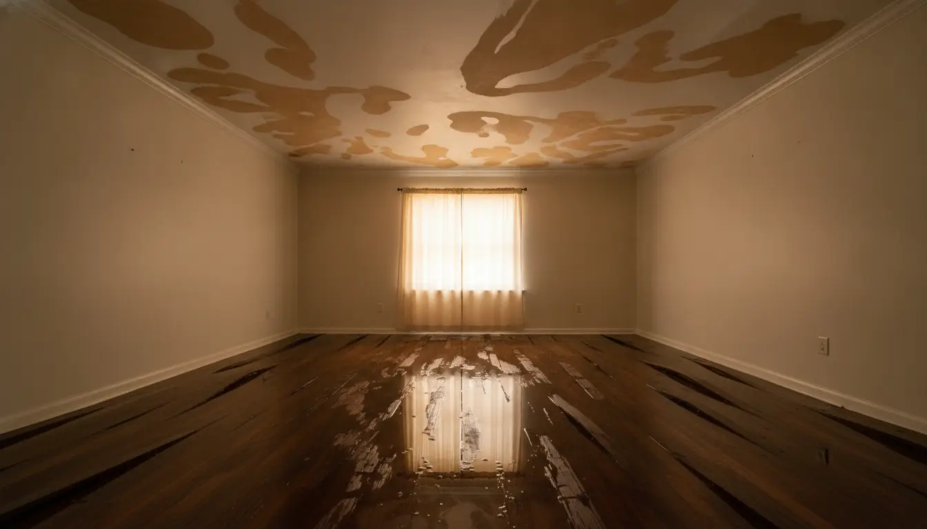 Empty room with water-damaged wooden floor and stained ceiling, illuminated by soft window light