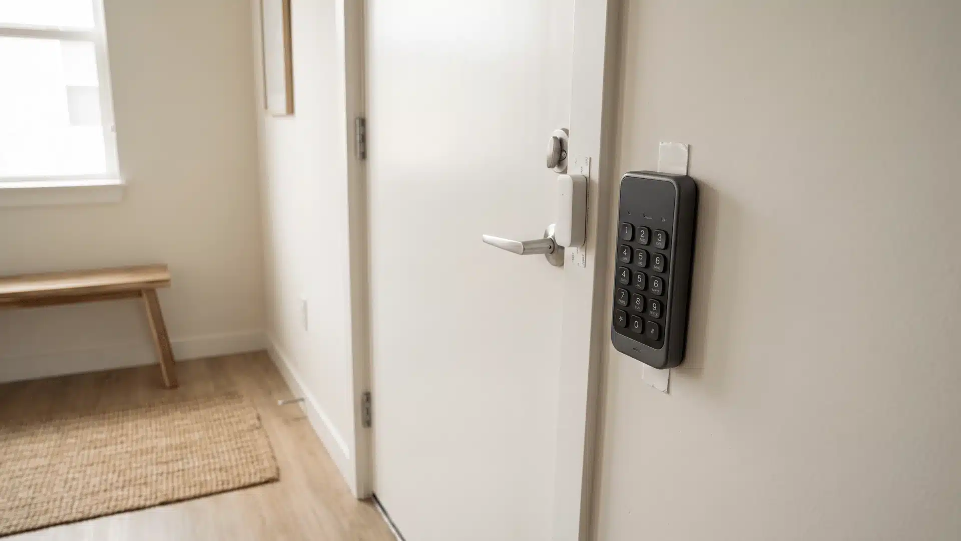 Wireless security keypad and door sensor installed near an apartment entrance.