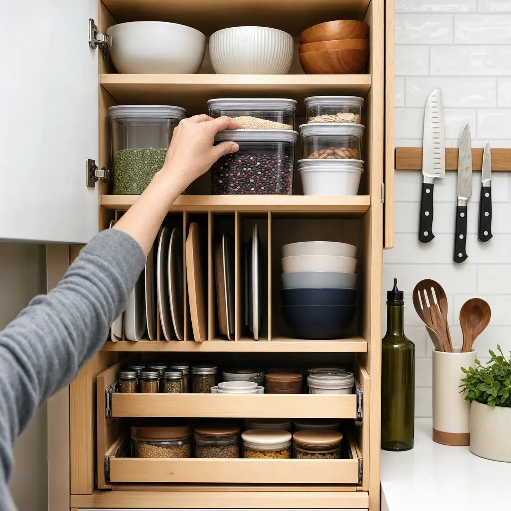Person organizing kitchen pantry with clear containers, ceramic bowls, and wooden utensils on white countertop