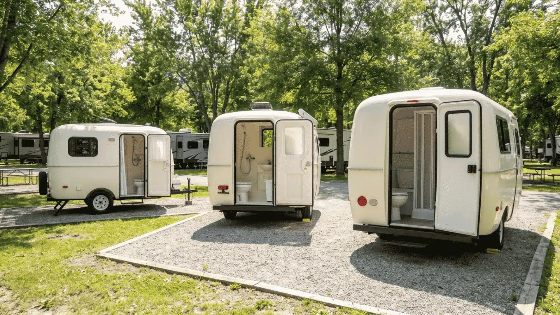 Three compact fiberglass travel trailers parked side by side with bathroom areas visible