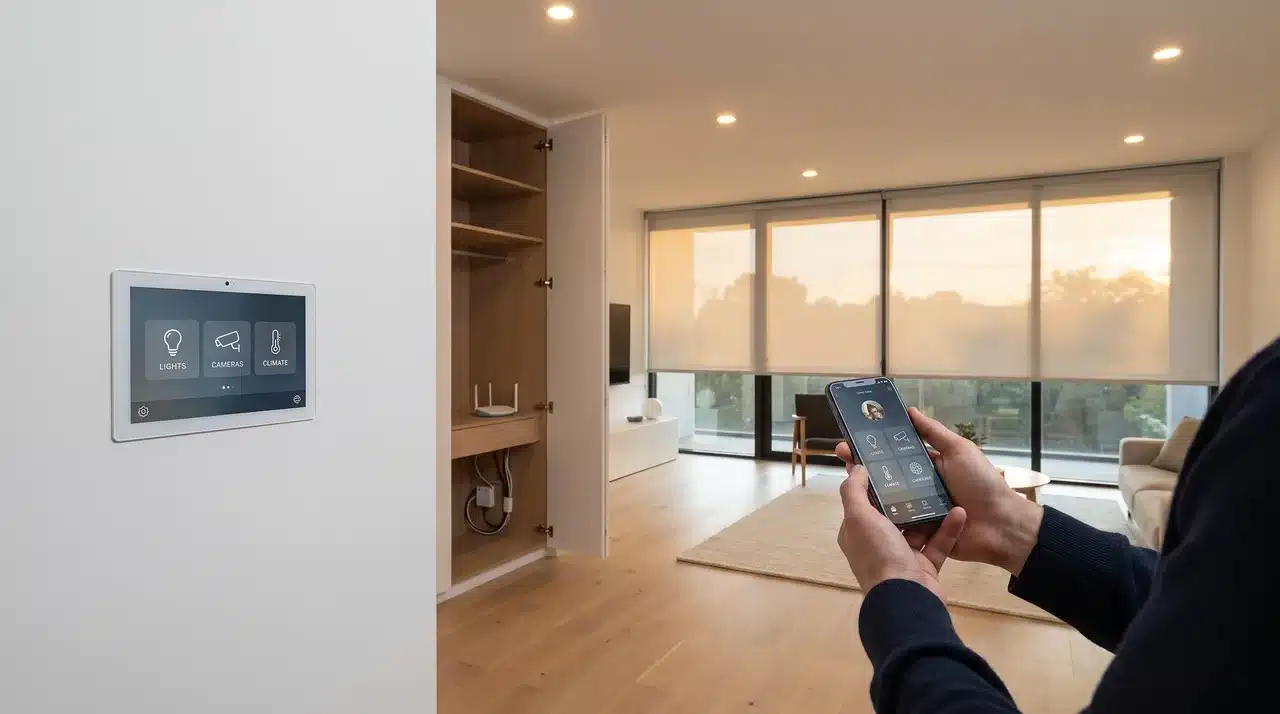 Modern living room with smart home wall panel, smartphone app controls, automated window shades descending, recessed smart lighting, and a central router closet visible.