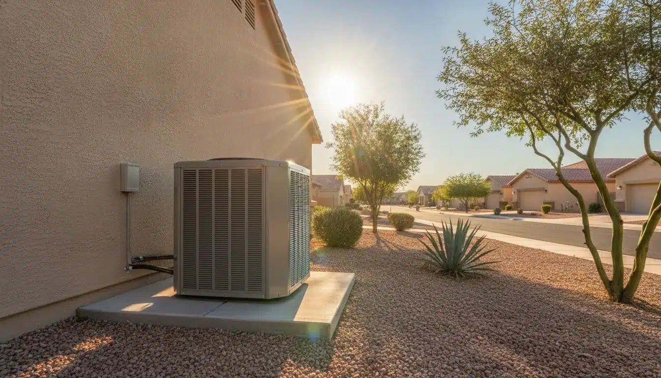 Air conditioning unit outside stucco house in sunny desert neighborhood with gravel landscaping