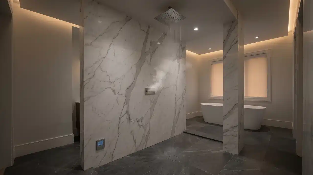 Walk-through rain shower enclosure with full-height marble slabs and freestanding tub in background