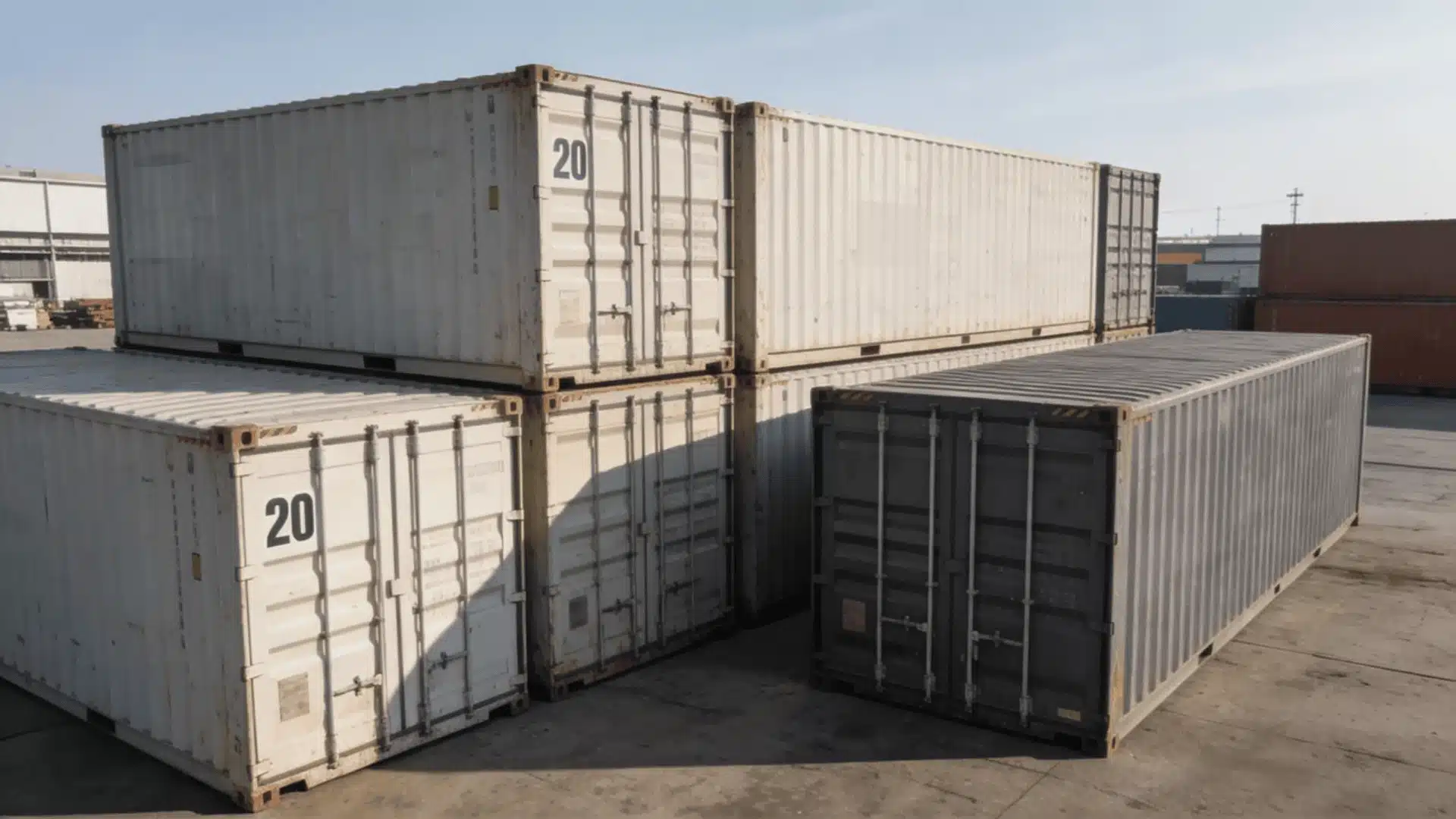 Stacked shipping containers of different sizes in an outdoor storage yard