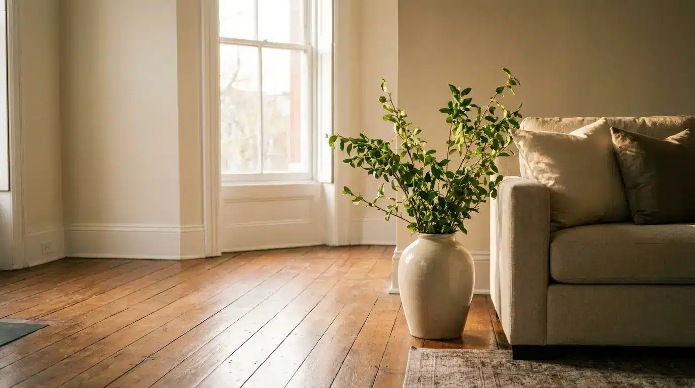 Beige sofa with green potted plant on wooden floor in sunlit living room