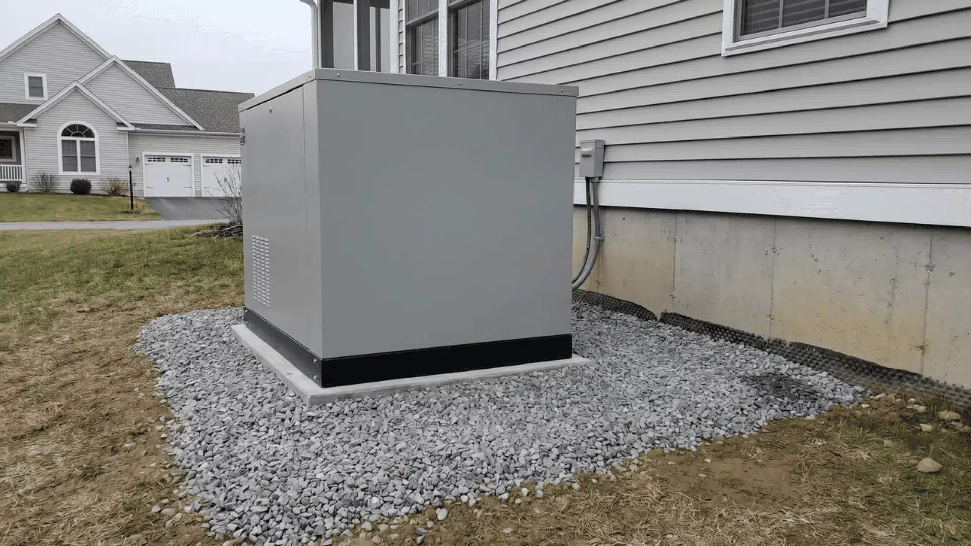 Standby generator positioned on gravel base beside house exterior