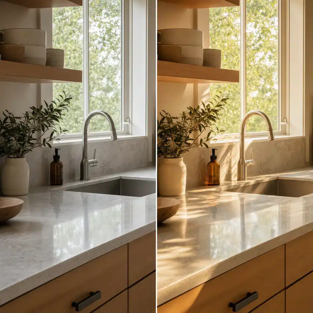 Modern kitchen sink area with stainless steel faucet, stone countertop, and potted plants under natural light