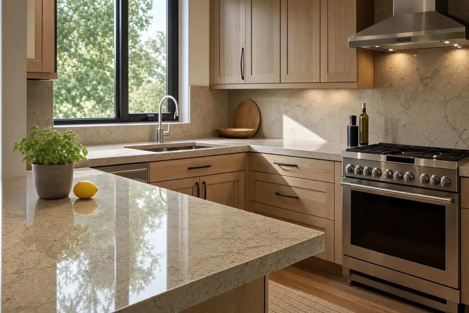 Modern kitchen with stainless steel stove, wooden cabinets, potted basil, and lemon on countertop