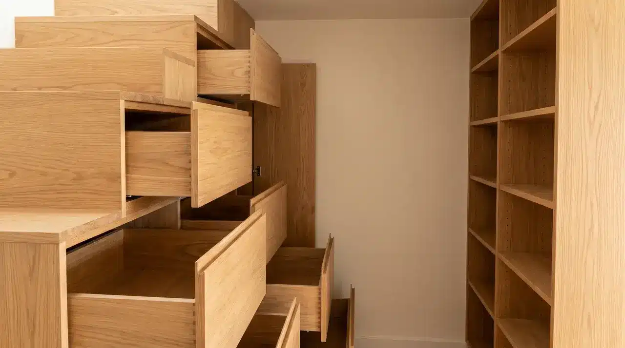 Under-stair step drawers at varying open depths beside a floor-to-ceiling open shelf unit in a small interior