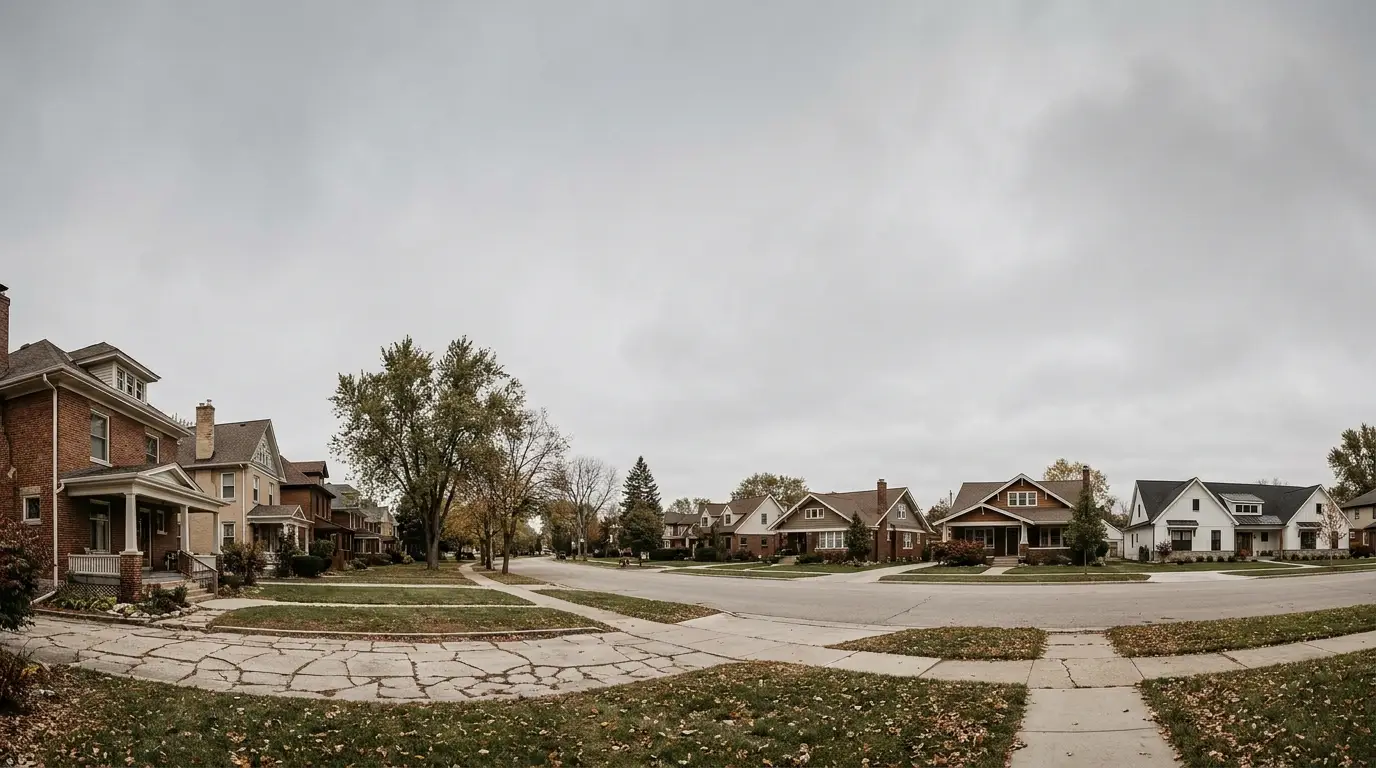 Suburban street with detached houses and overcast sky, bordered by trees and sidewalks