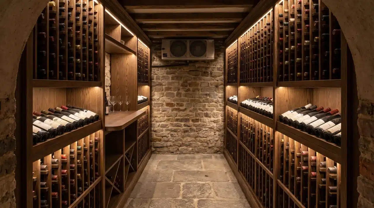 Sunken wine cellar with floor-to-ceiling oak racking, stone brick walls, low UV lighting, and wall-mounted cooling unit