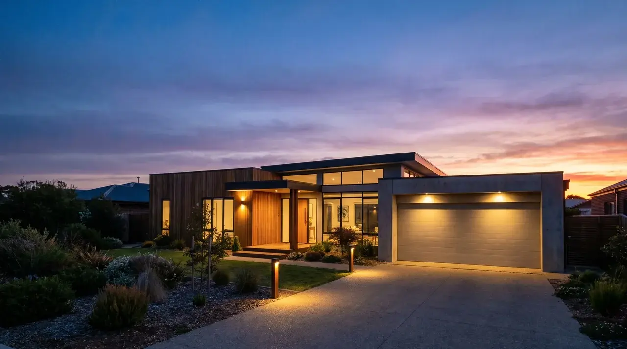 Porch and pathway lights turning on automatically as the sun sets behind a modern home.