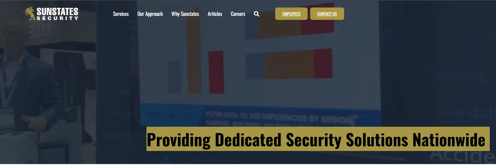Businessman presenting data on large screen in conference setting with security branding