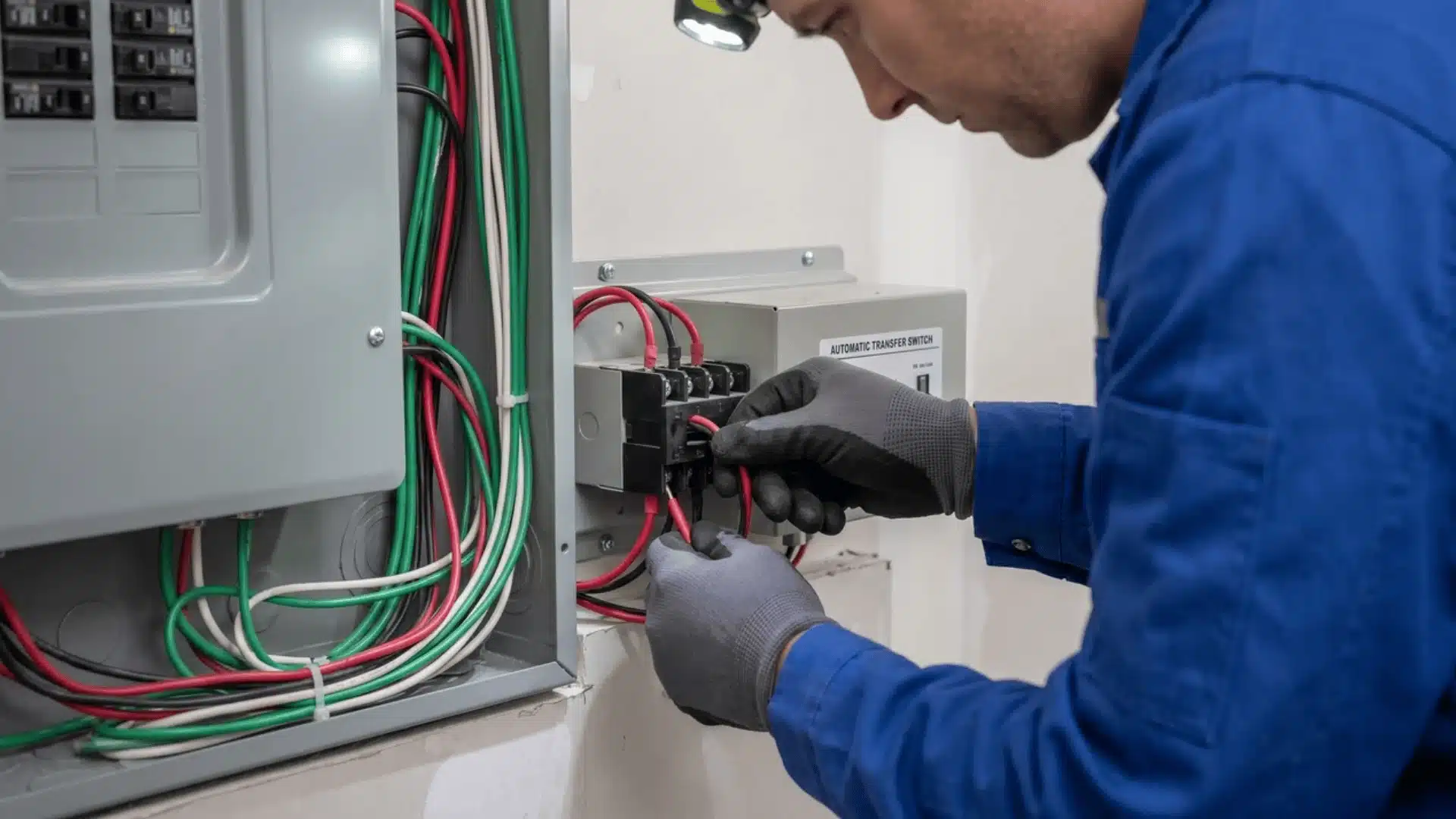 Technician connecting wires to automatic transfer switch