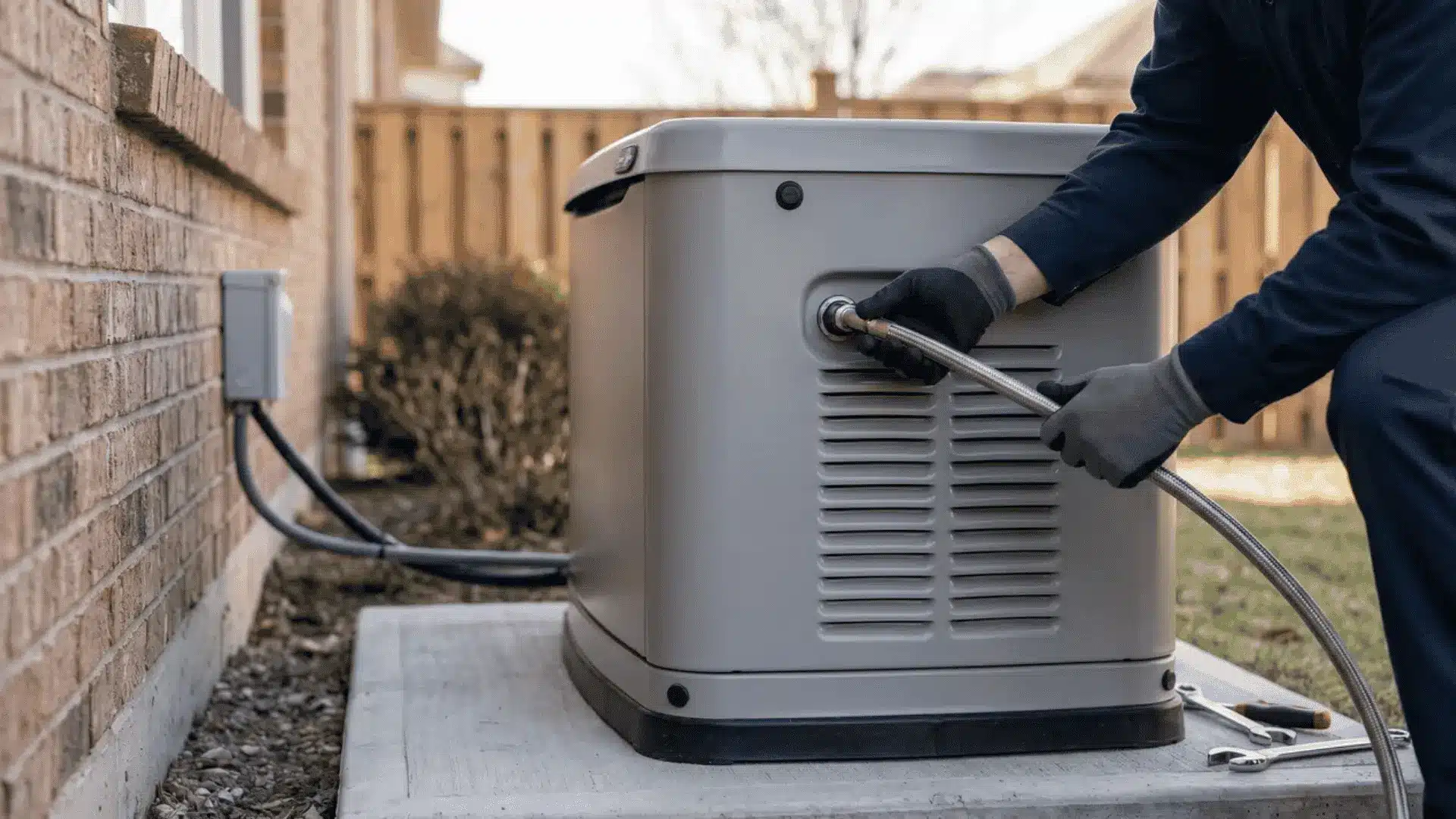 Technician installing a standby generator, connecting it to a fuel line outside a home.