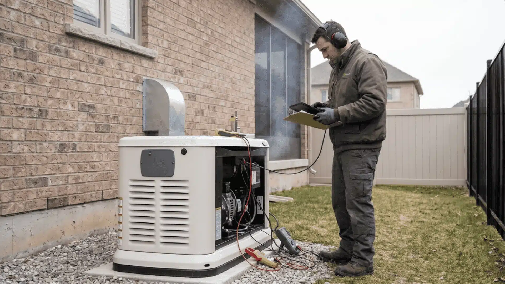 Technician observing standby generator during operational test