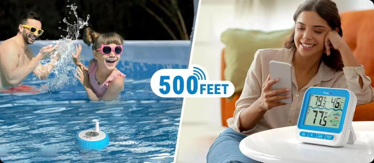Child and adult playing in pool with floating thermometer and woman using device indoors