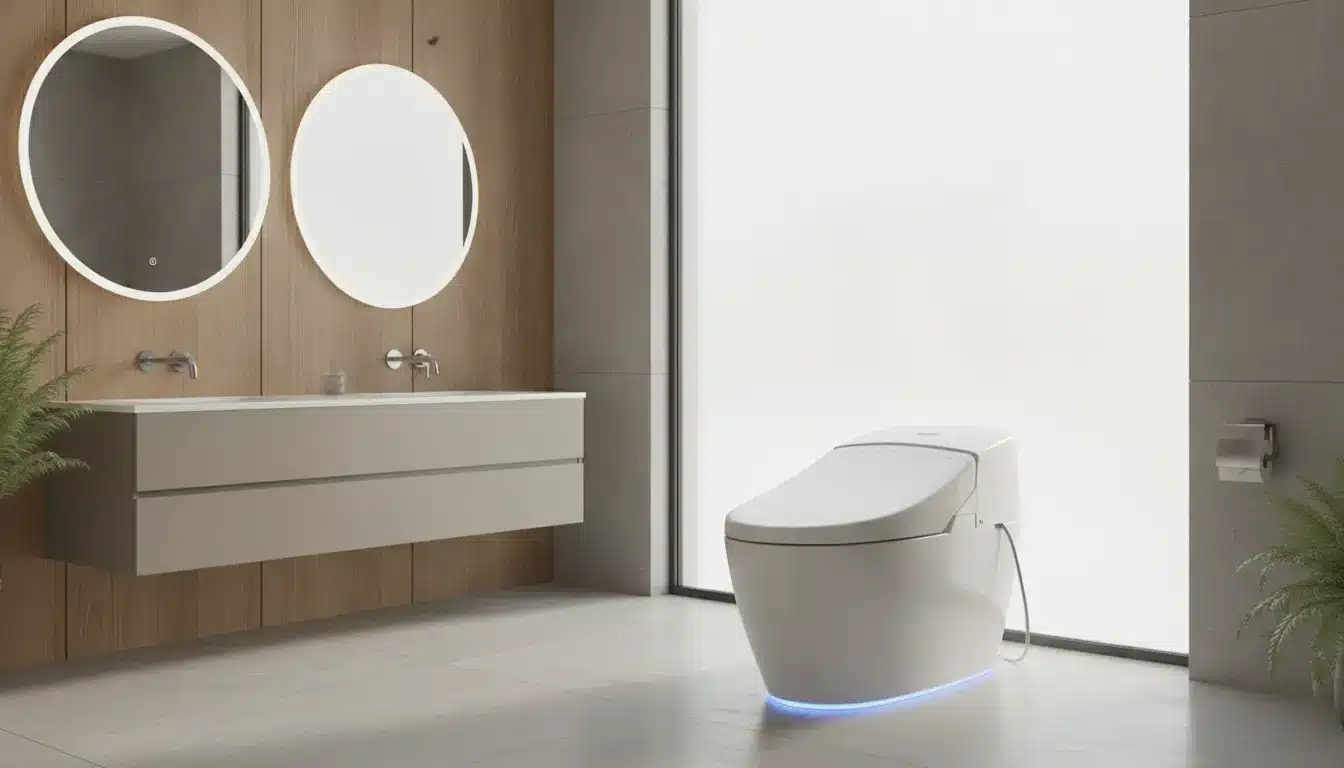 Luxurious bathroom with modern smart toilet and twin round mirrors on wooden wall