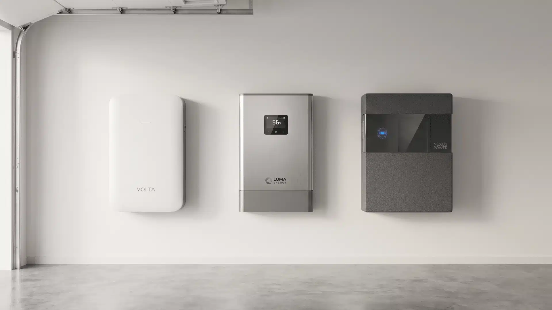 Three modern home battery systems displayed side by side in a clean garage setting.