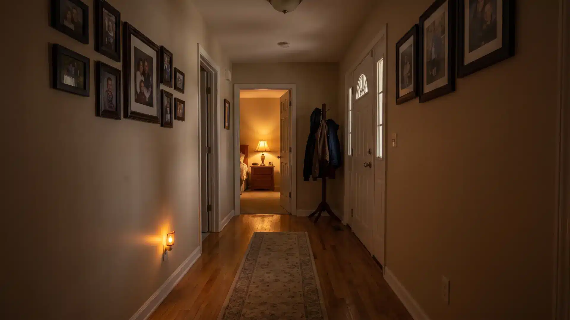 Goodnight lighting scene turning off main household lights while leaving soft bedroom lighting on.