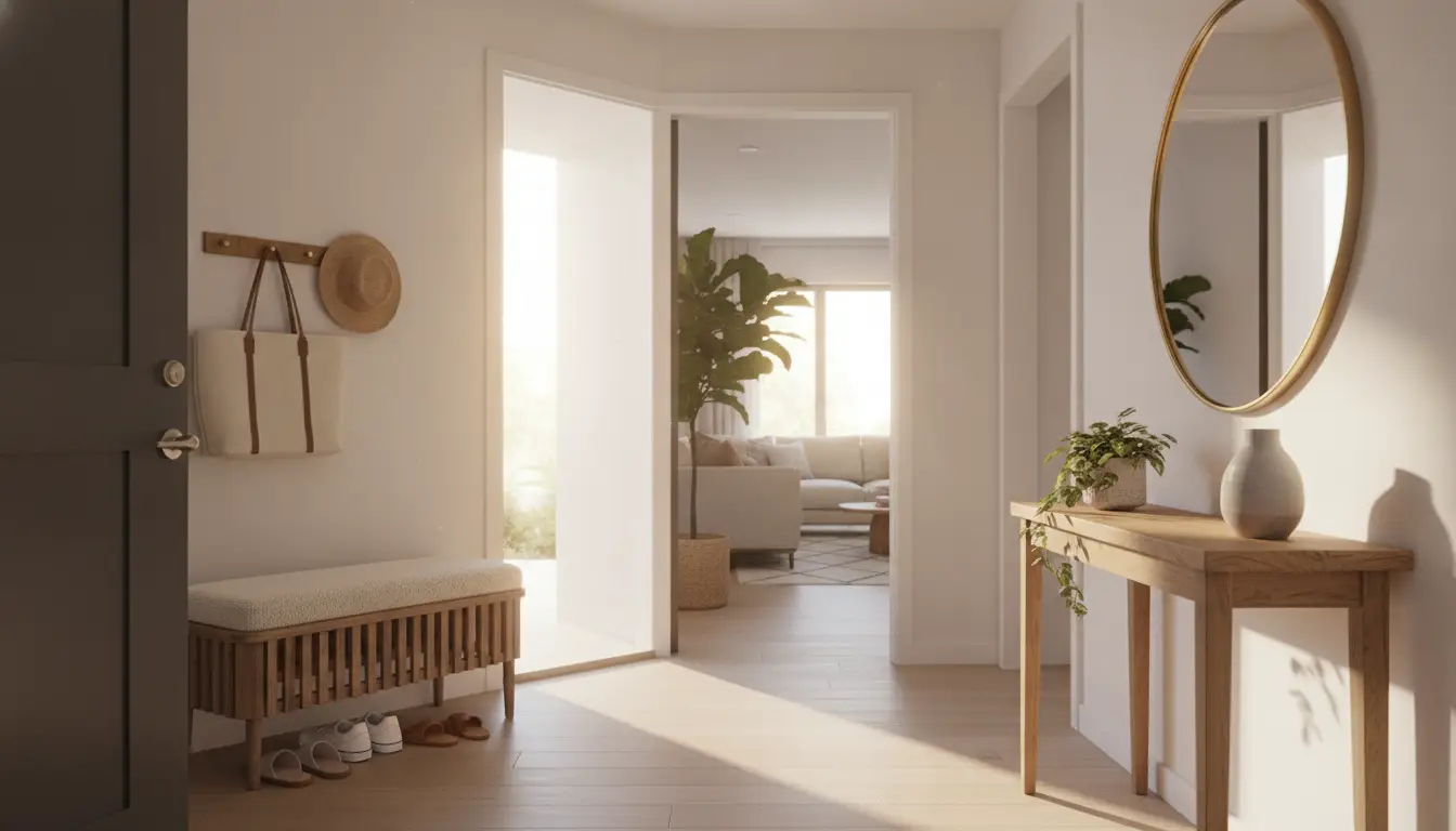 Entryway with wooden bench, round mirror, and potted plant on console table in natural light