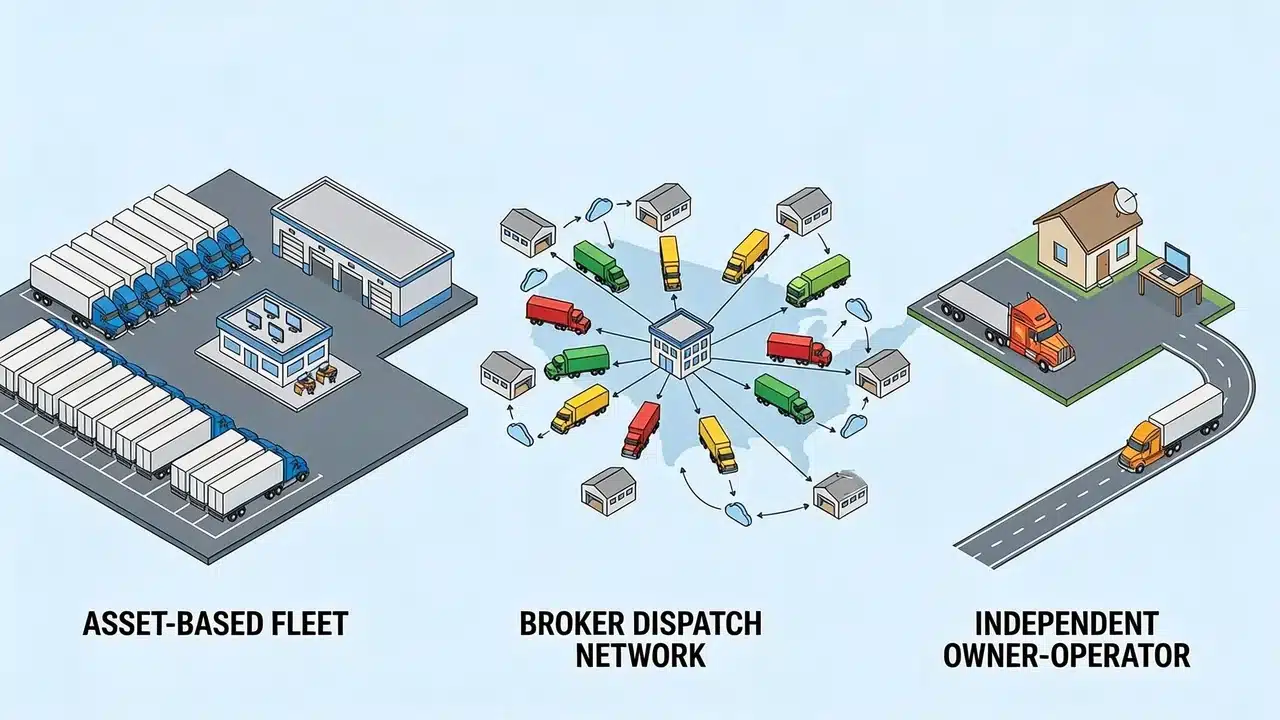 Three separate truck types positioned apart in a flat illustration of a warehouse yard