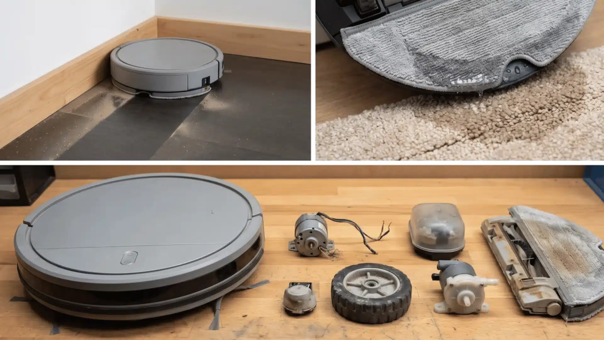 Robot mop misses a wall edge, touches a rug with a damp pad, and sits beside worn internal components