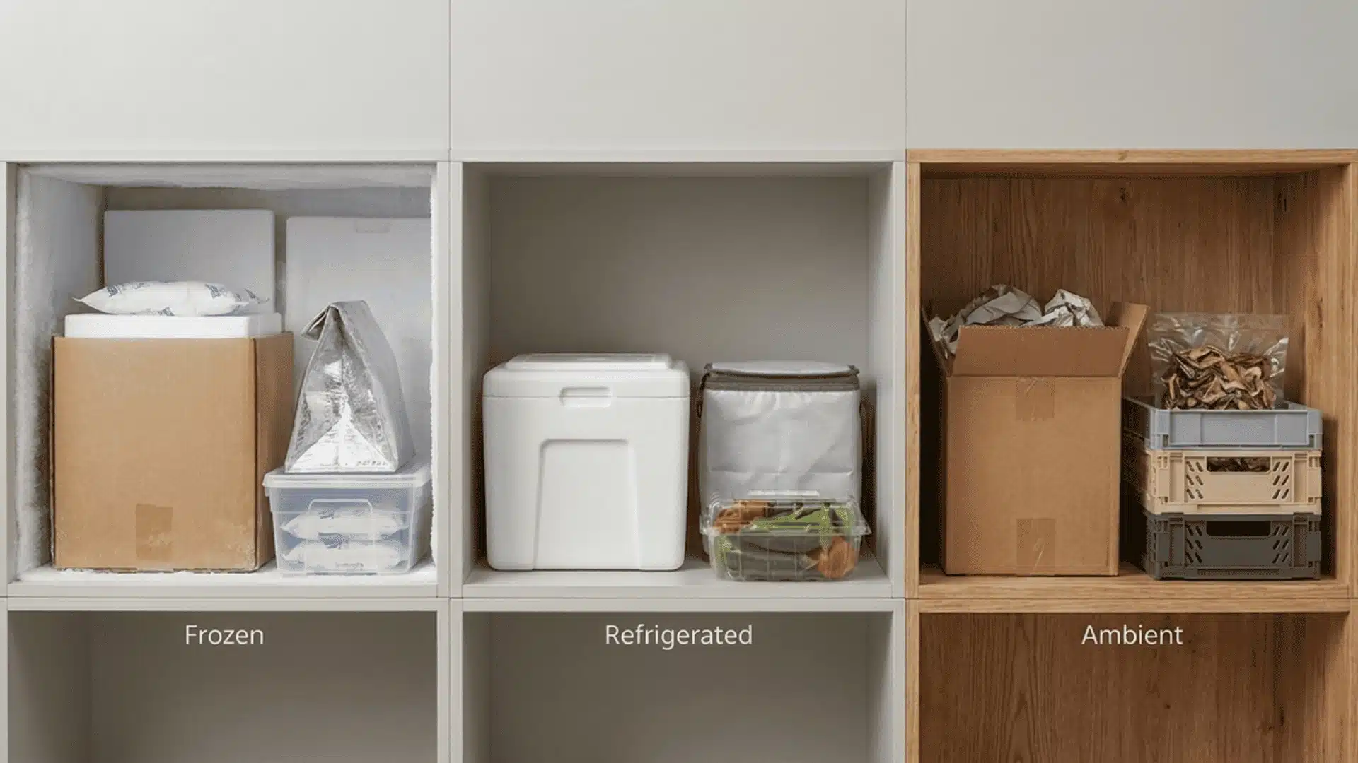 Three separate sections showing packaging materials for frozen, refrigerated, and ambient temperature ranges.