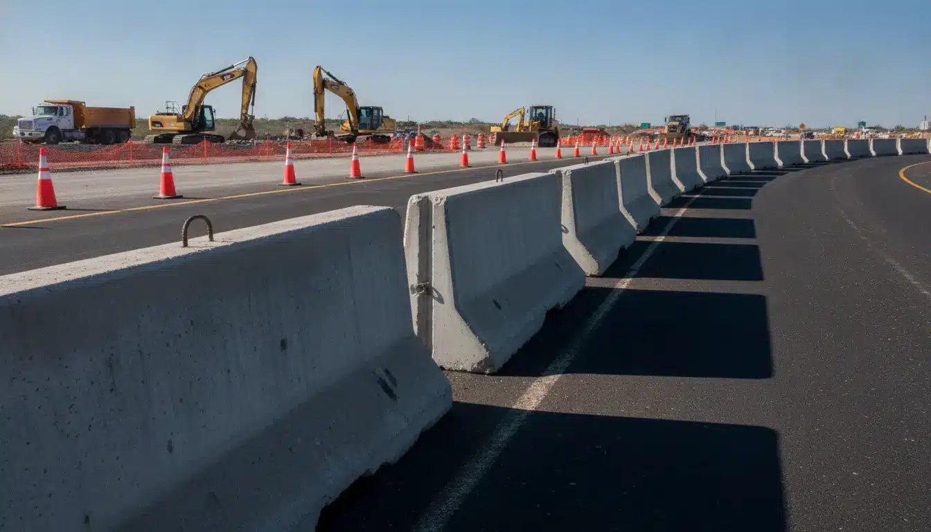 Construction site with excavators, concrete barriers, and traffic cones on highway under clear sky