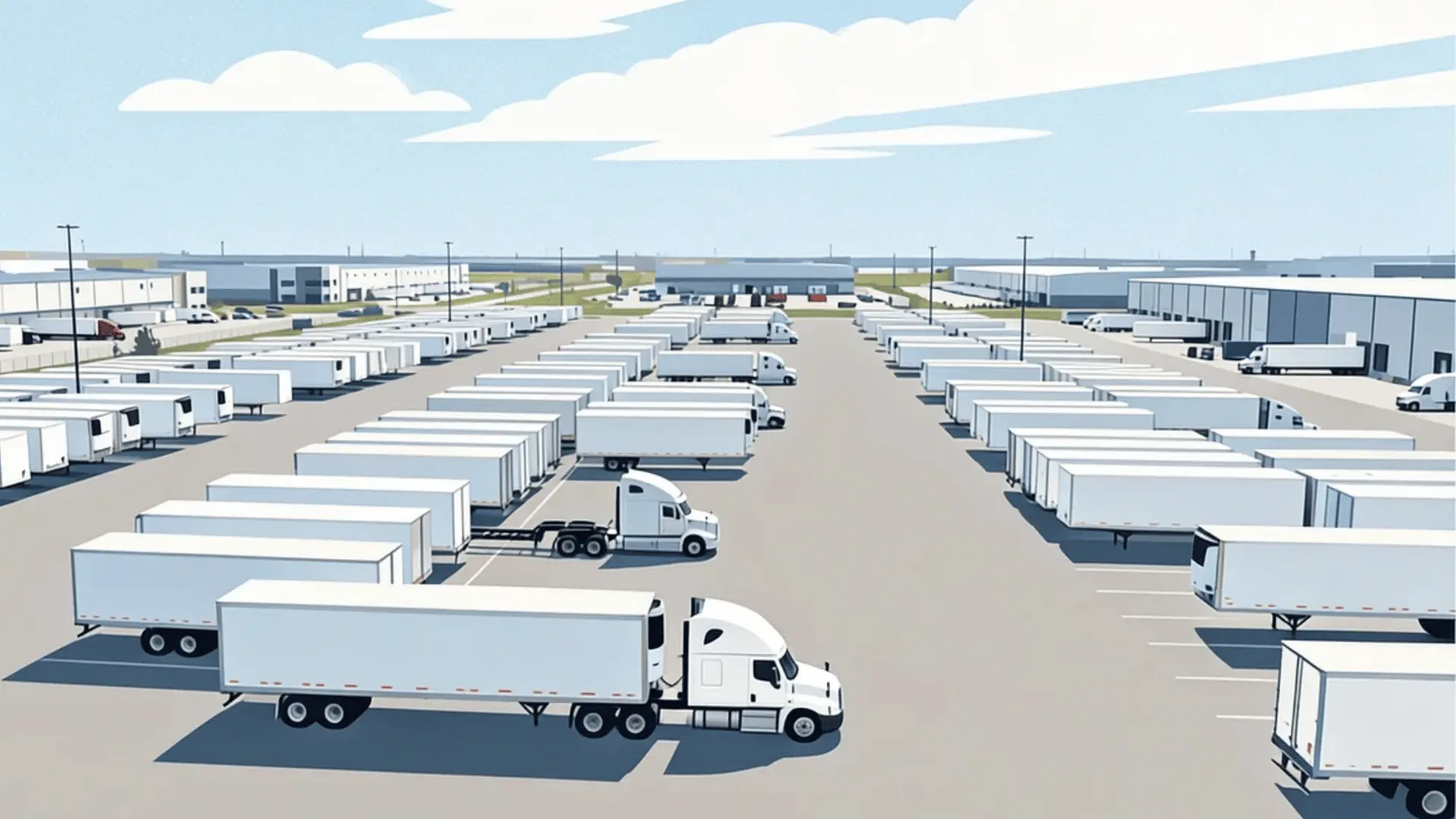 Freight terminal yard with multiple full truckload trailers and tractors