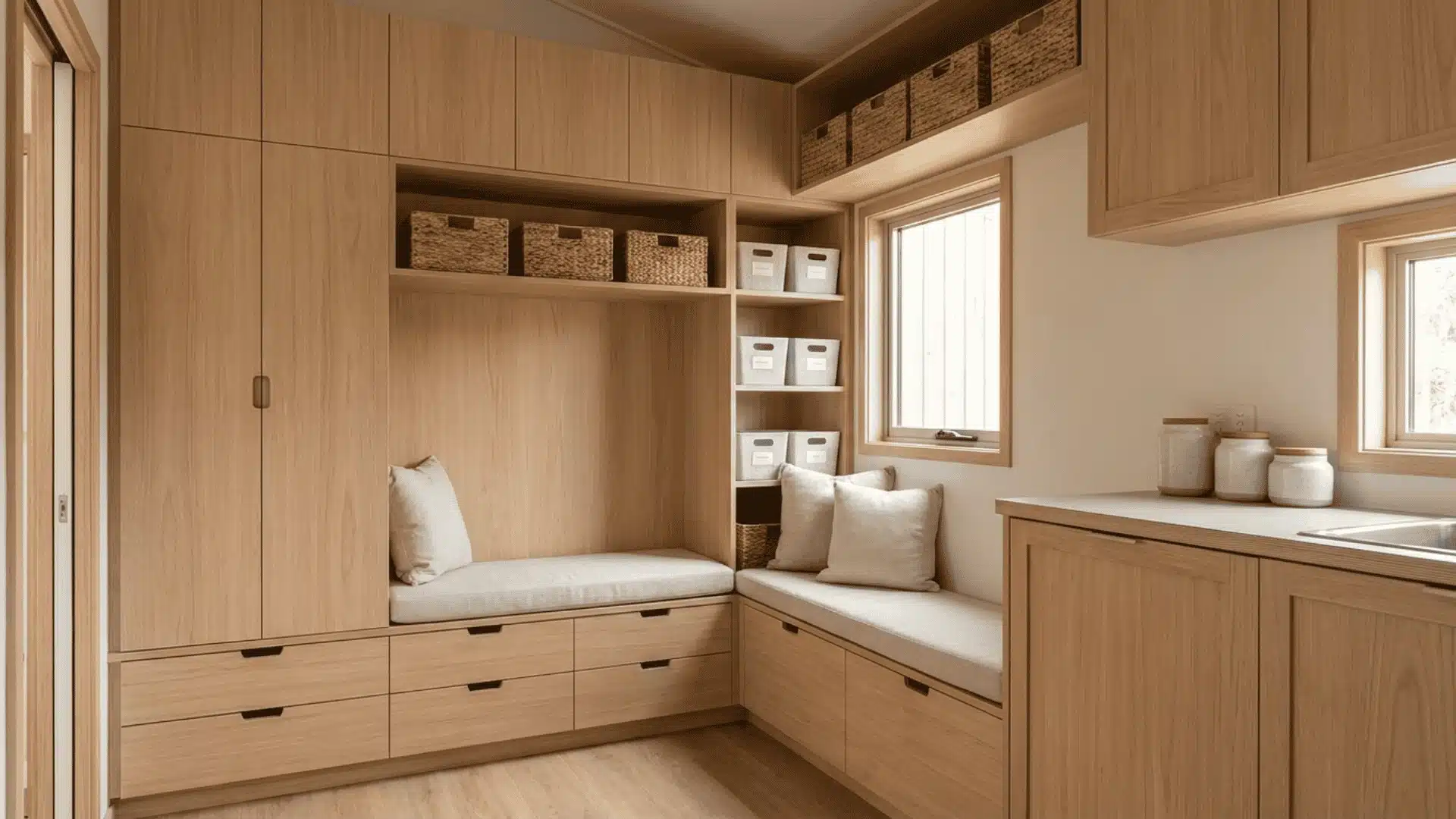 Tiny home interior with built-in storage cabinets and organized spaces