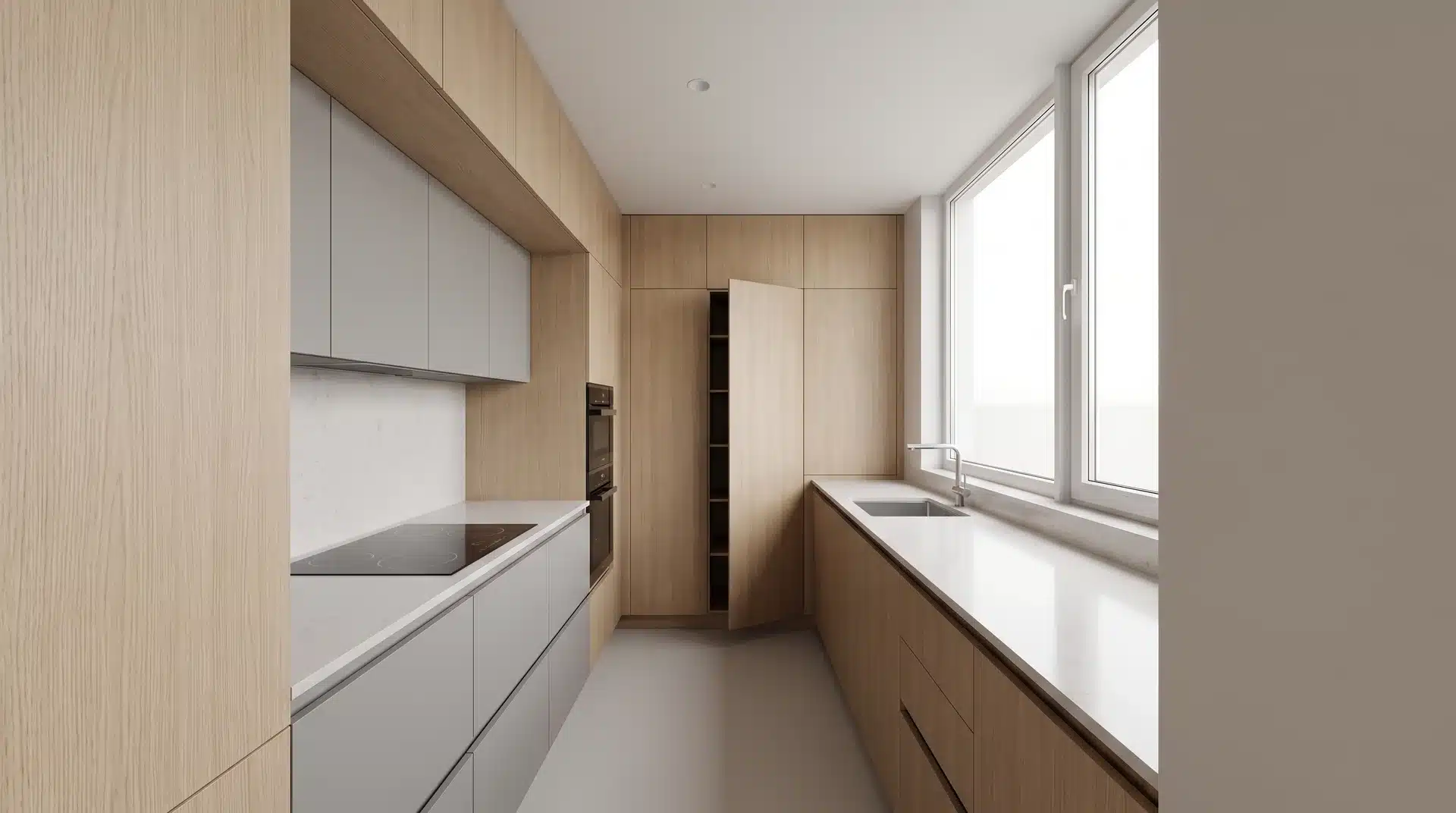 Small kitchen with continuous built-in cabinetry covering the walls