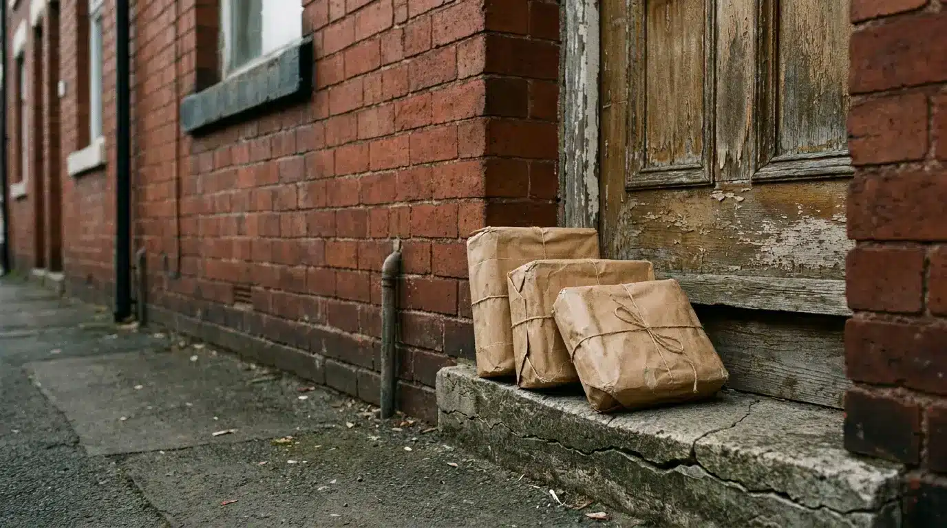 Packages wrapped in brown paper on doorstep beside red brick building