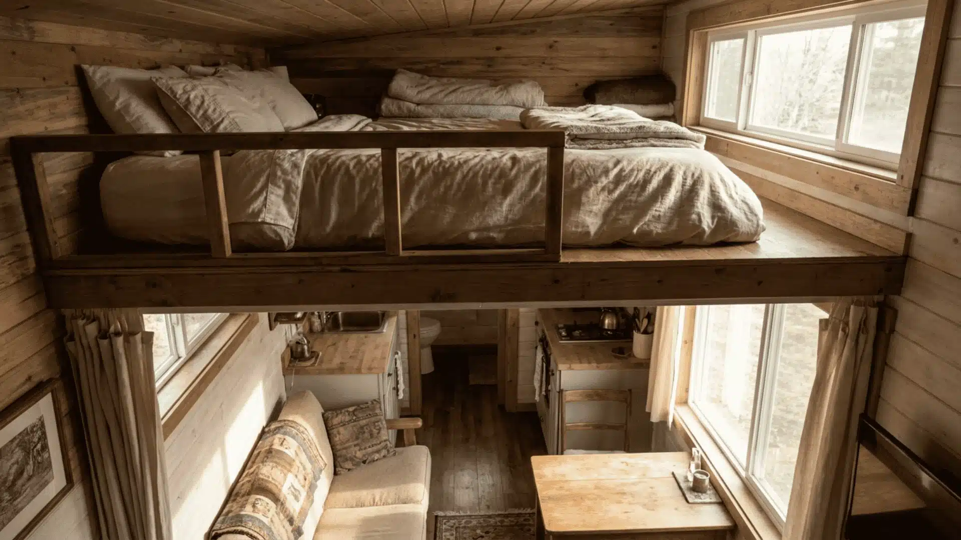 Tiny home sleeping loft with mattress above the main living area
