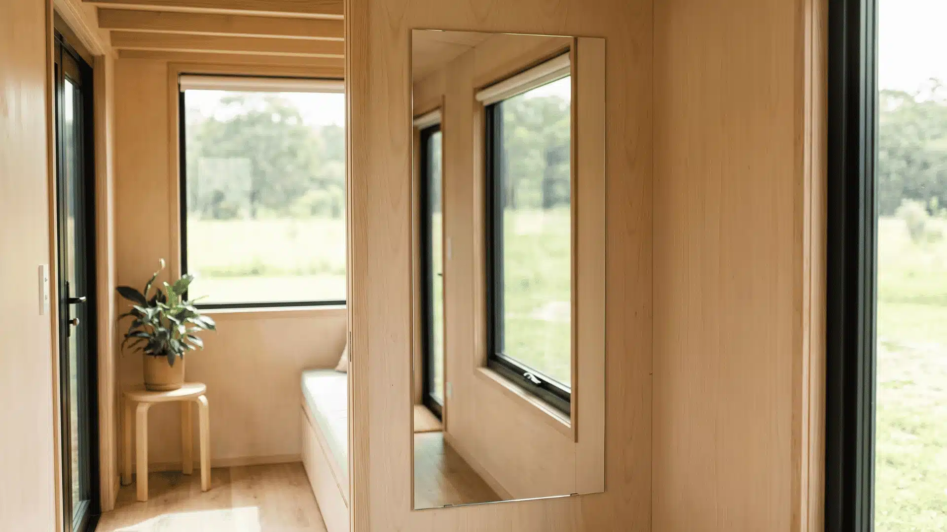Full-height frameless mirror on a tiny home interior wall