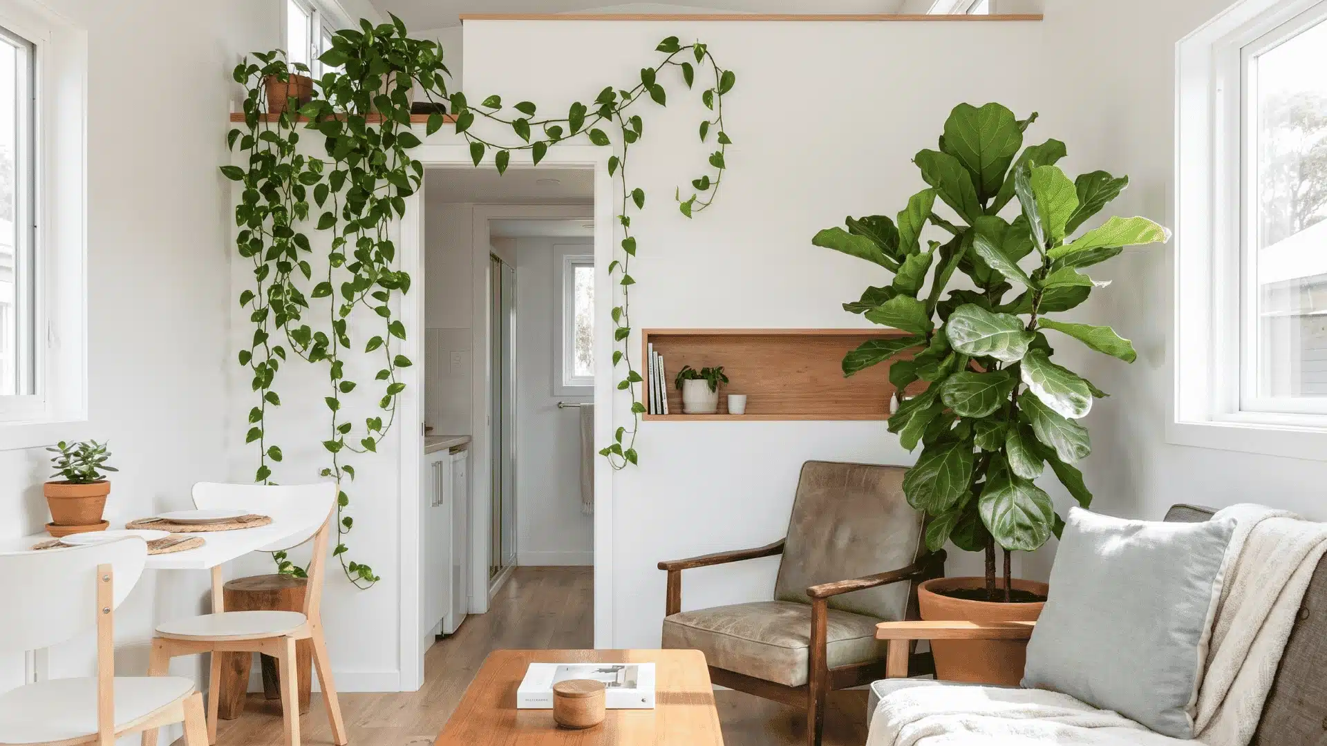 Fiddle-leaf fig and trailing pothos plants in a small home interior