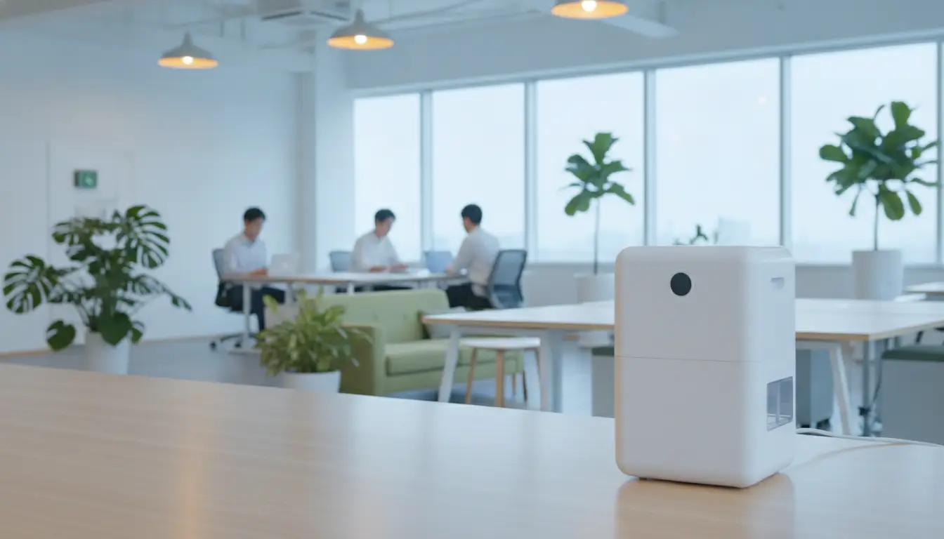 Small white device on office table with blurred people and plants in bright modern workspace