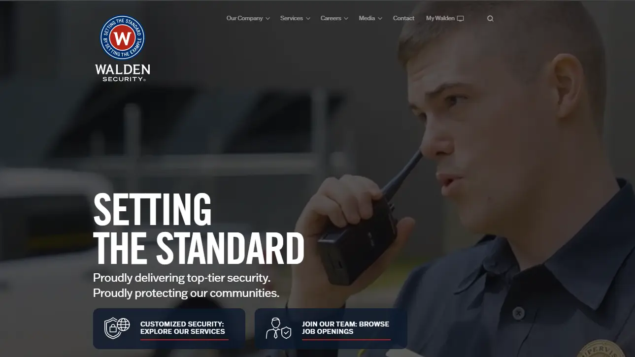 Security guard communicating via walkie-talkie in professional uniform outdoors
