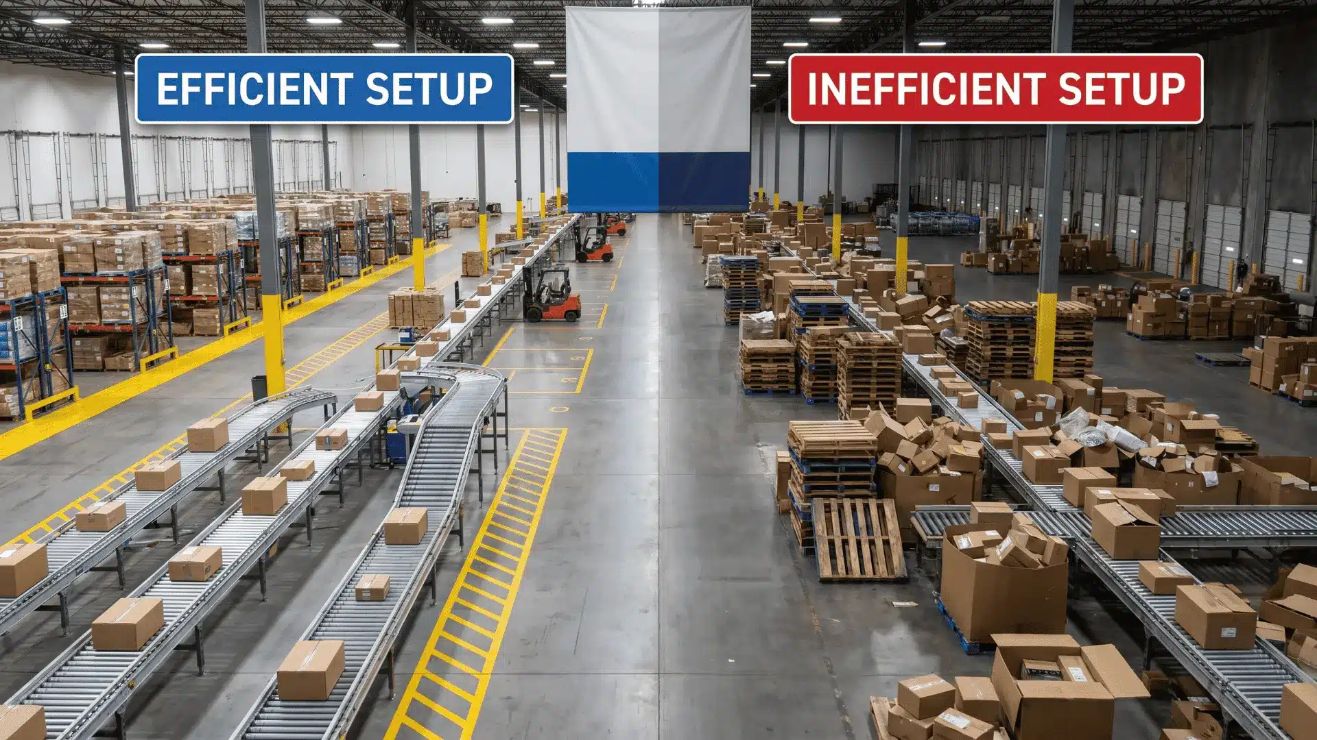 Warehouse comparison showing efficient and inefficient material handling equipment setups with organized and congested workflow areas